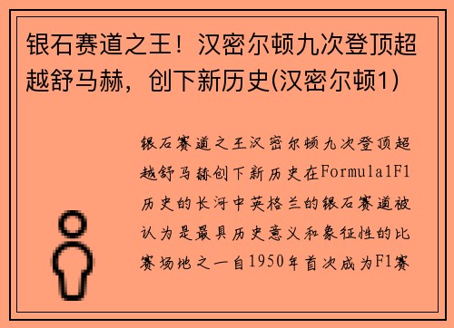 银石赛道之王！汉密尔顿九次登顶超越舒马赫，创下新历史(汉密尔顿1)